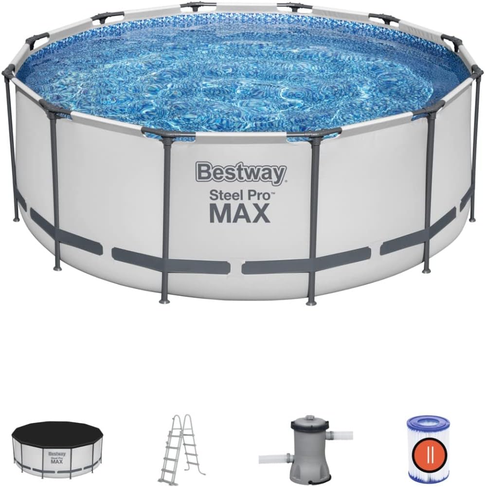 Bestway Steel Pro Max Round Frame Swimming Pool with Filter Pump, Grey, 12ft