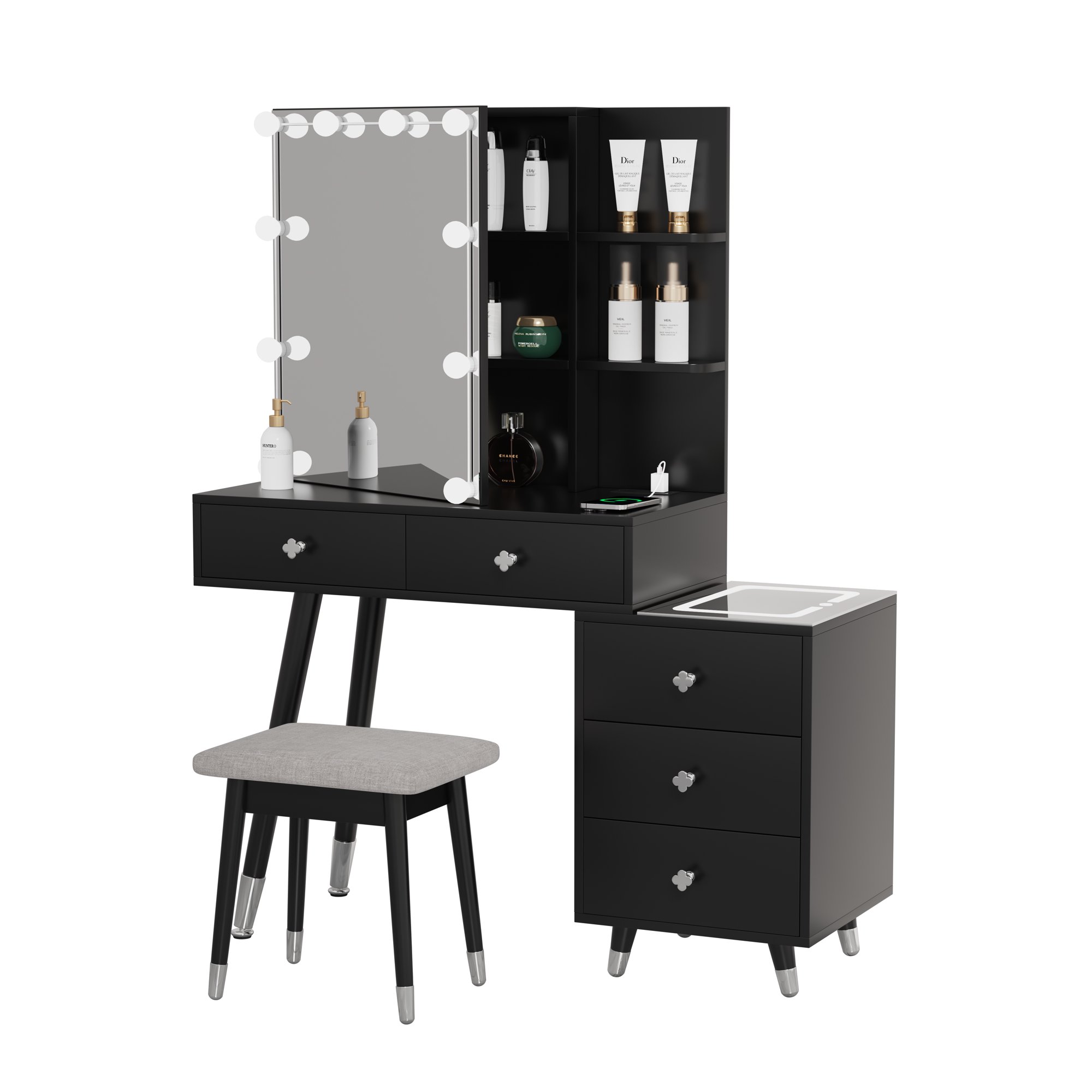Gzxs Black Vanity Table Set with Gray Cushioned Stool, Wooden Dressing Desk with 5 Drawers,Storage Shelves,Charging Station,Three-Tone Lighting Panel, Mirrored Cabinet with 10 LED Lamps