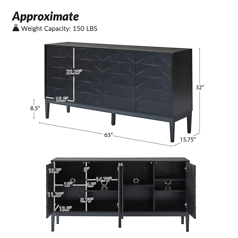 Beat Mid-century Modern 4-door Sideboard with Adjustable Shelf