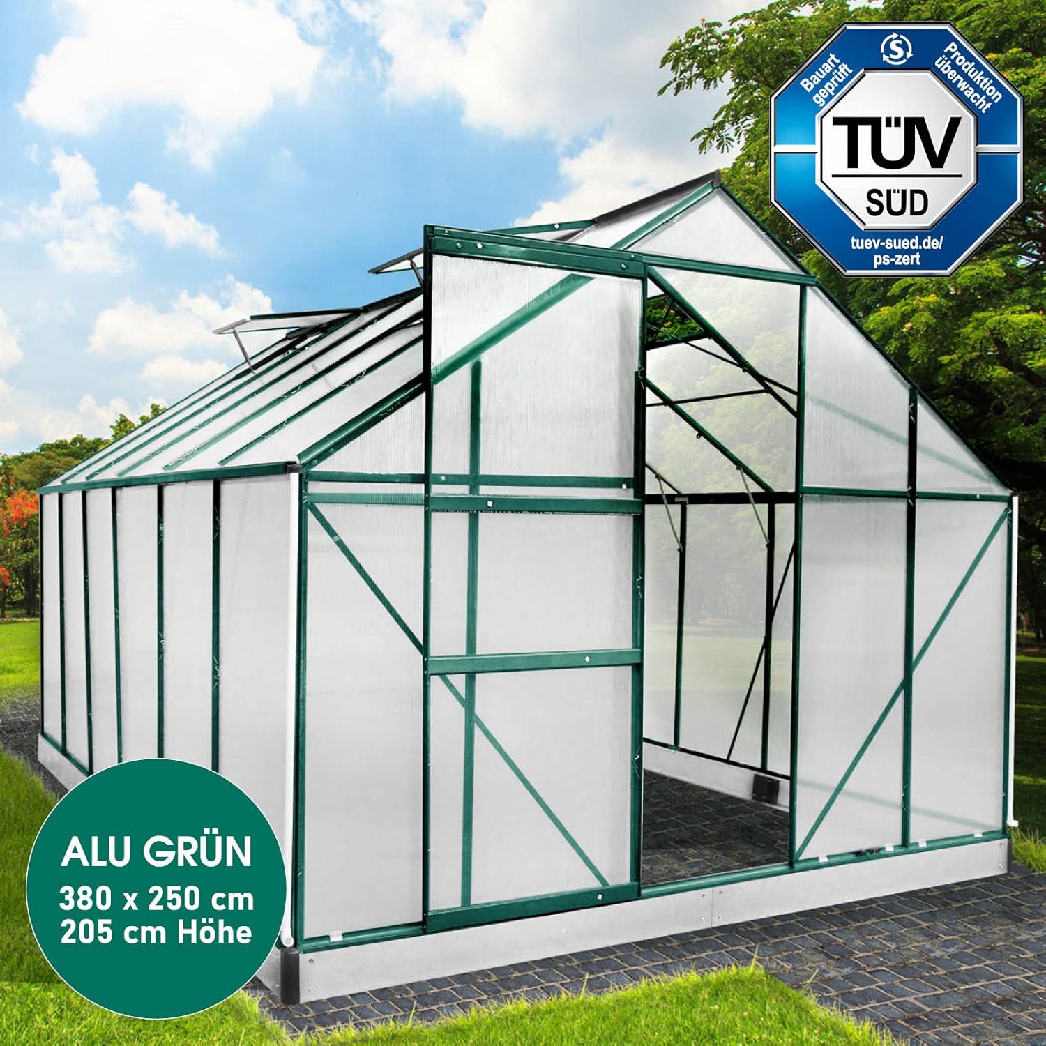 BRAST Aluminium Greenhouse with Base 380 x 250 x 205 cm, TÜV Tested, 6 mm Hollow Chamber Panels, Rustproof/Weatherproof/Temperature-Resistant
