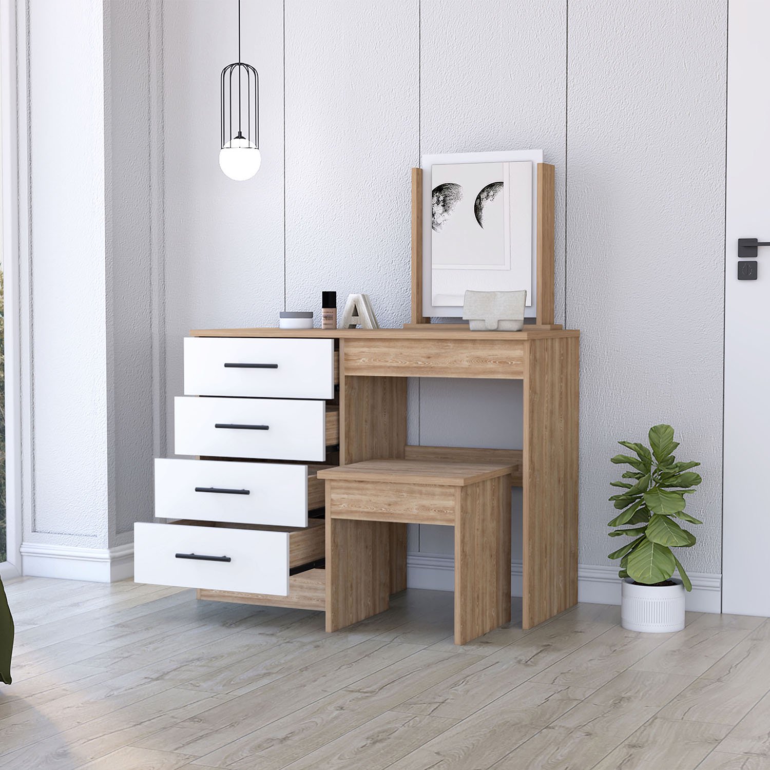 Kadyn 4-Drawer Makeup Dressing Table, Makeup Vanity Set with Stool