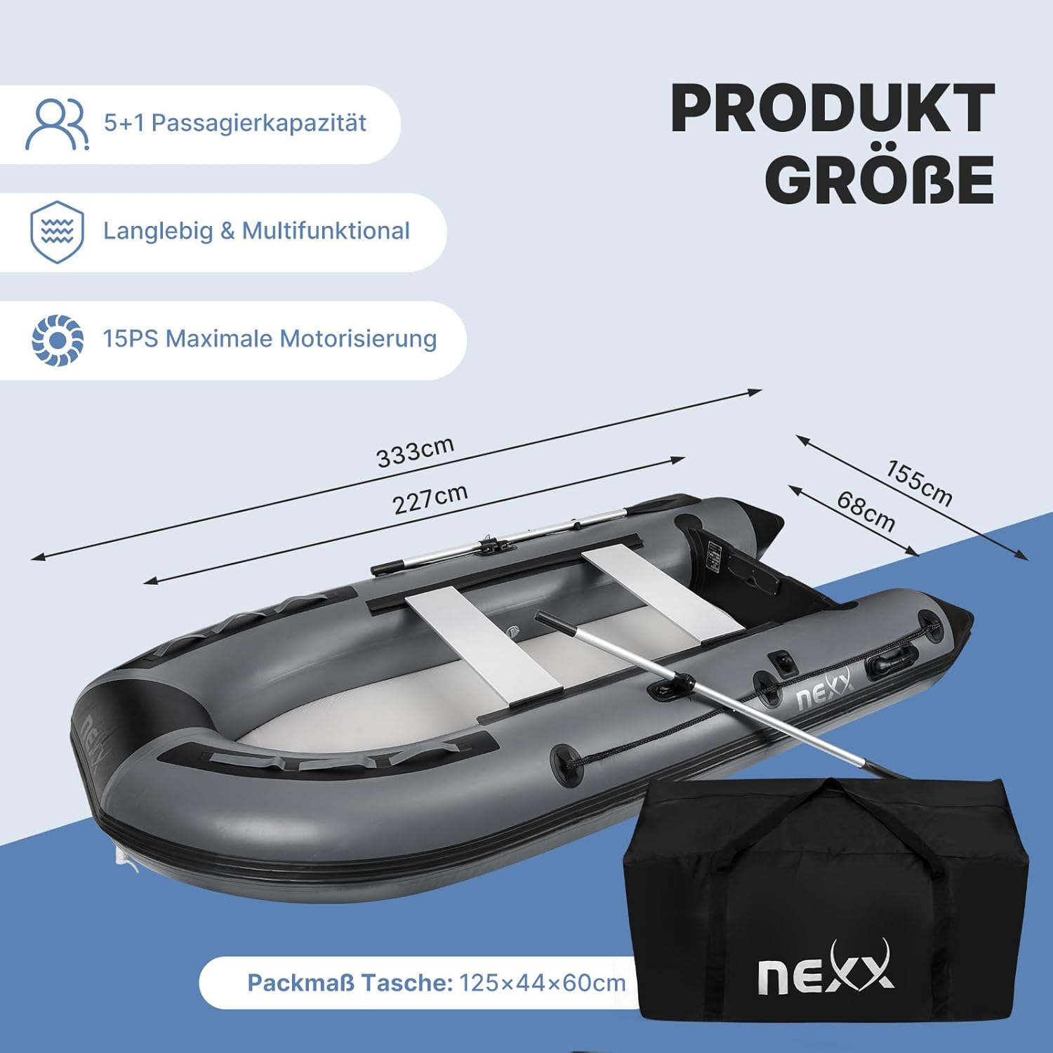 NEXX Professional Inflatable Boat 330 cm with Air Bottom with Carry Bag, 2 Paddles and Repair Kit Light Grey