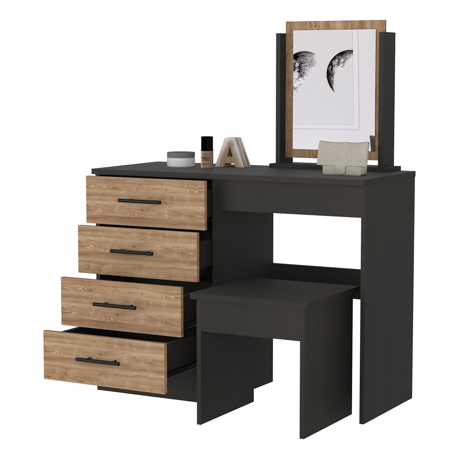 Kadyn 4-Drawer Makeup Dressing Table, Makeup Vanity Set with Stool