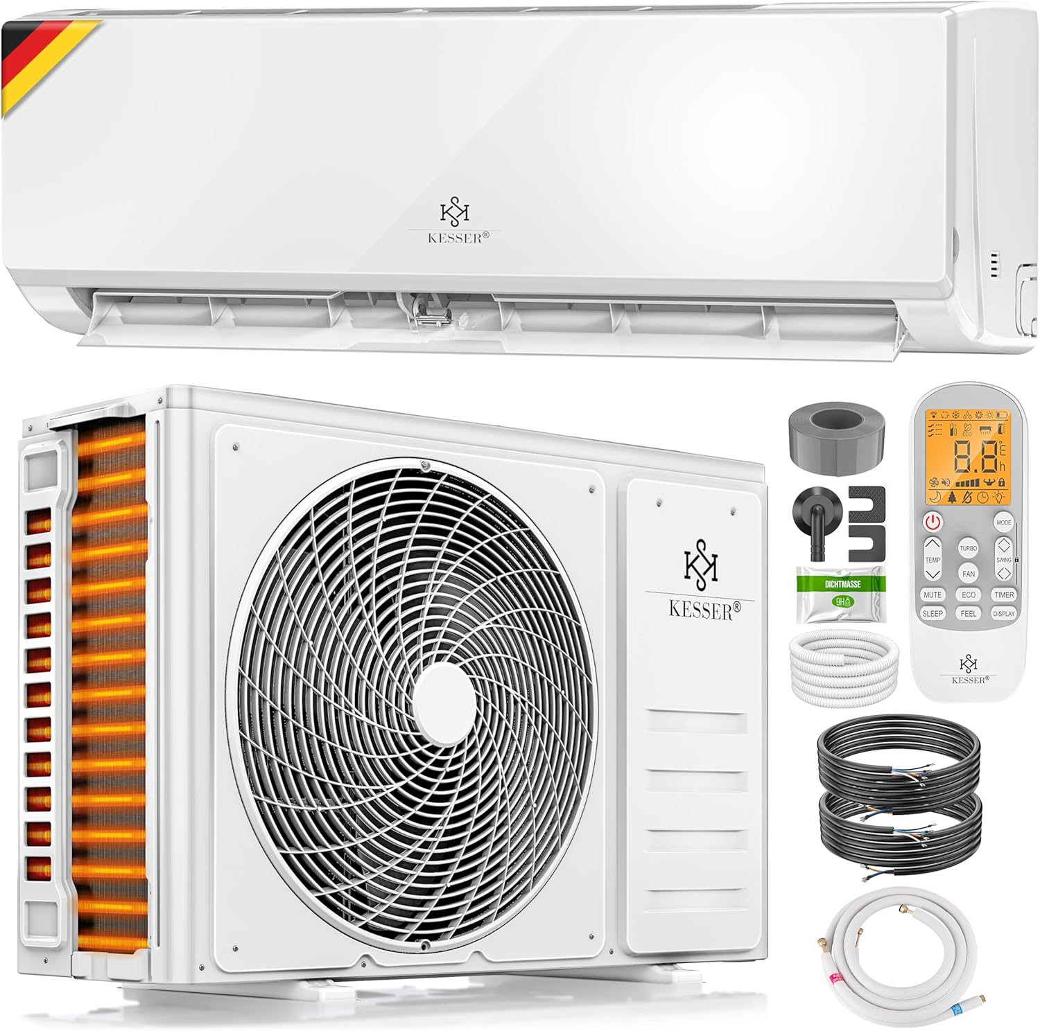 KESSER® Air Conditioner Set with Split System - with WiFi/App Function - Cooling A++/Heating A+ - 12000 BTU/h (3400 Watts), Refrigerant R32 - Remote Control, Timer Function - incl. Complete Mounting