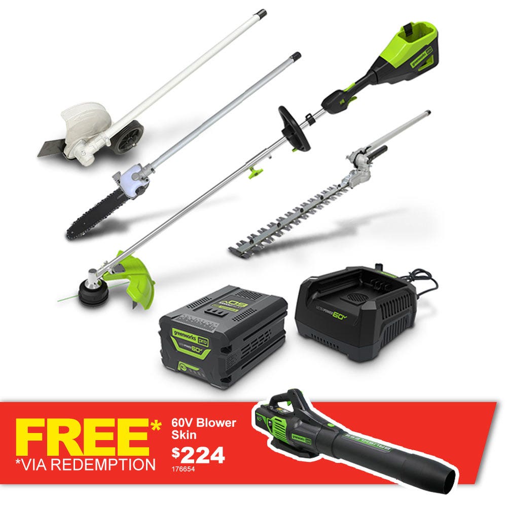 GREENWORKS 60V 1 x 4.0Ah Pole Saw/Hedge/Edger Attachment Multi Tool Kit TTKIT906