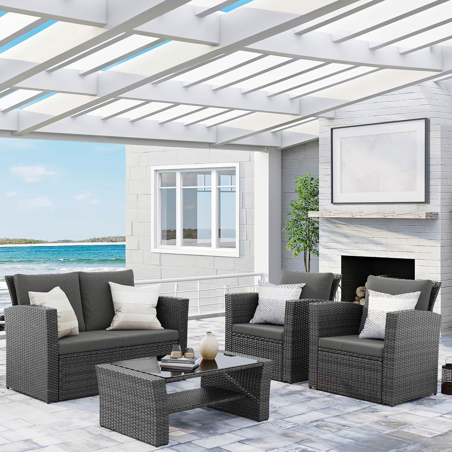 Wisteria Lane 4 Piece Outdoor Patio Furniture Sets, Wicker Conversation Set for Porch Deck, Grey Rattan Sofa Chair with Cushion