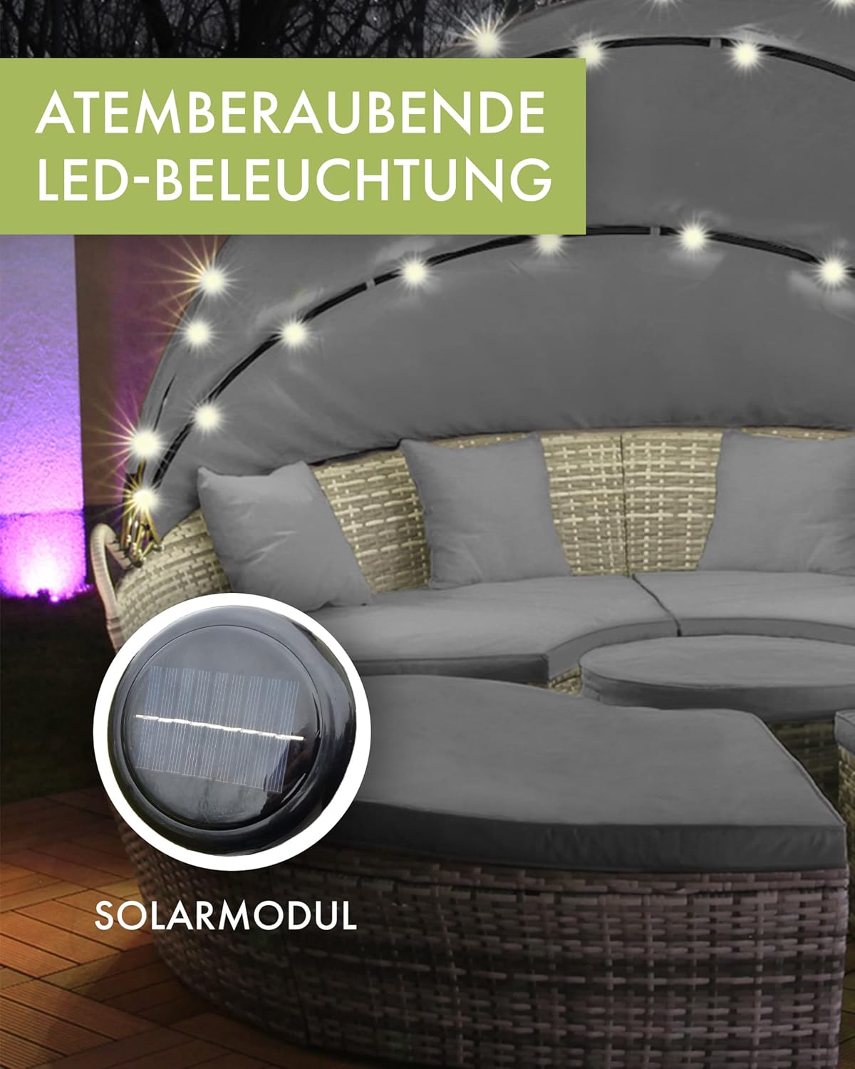Polyrattan Sun Island with LED Lighting + Solar Module, Rattan Garden Lounger, Sun Bed with Rain Cover