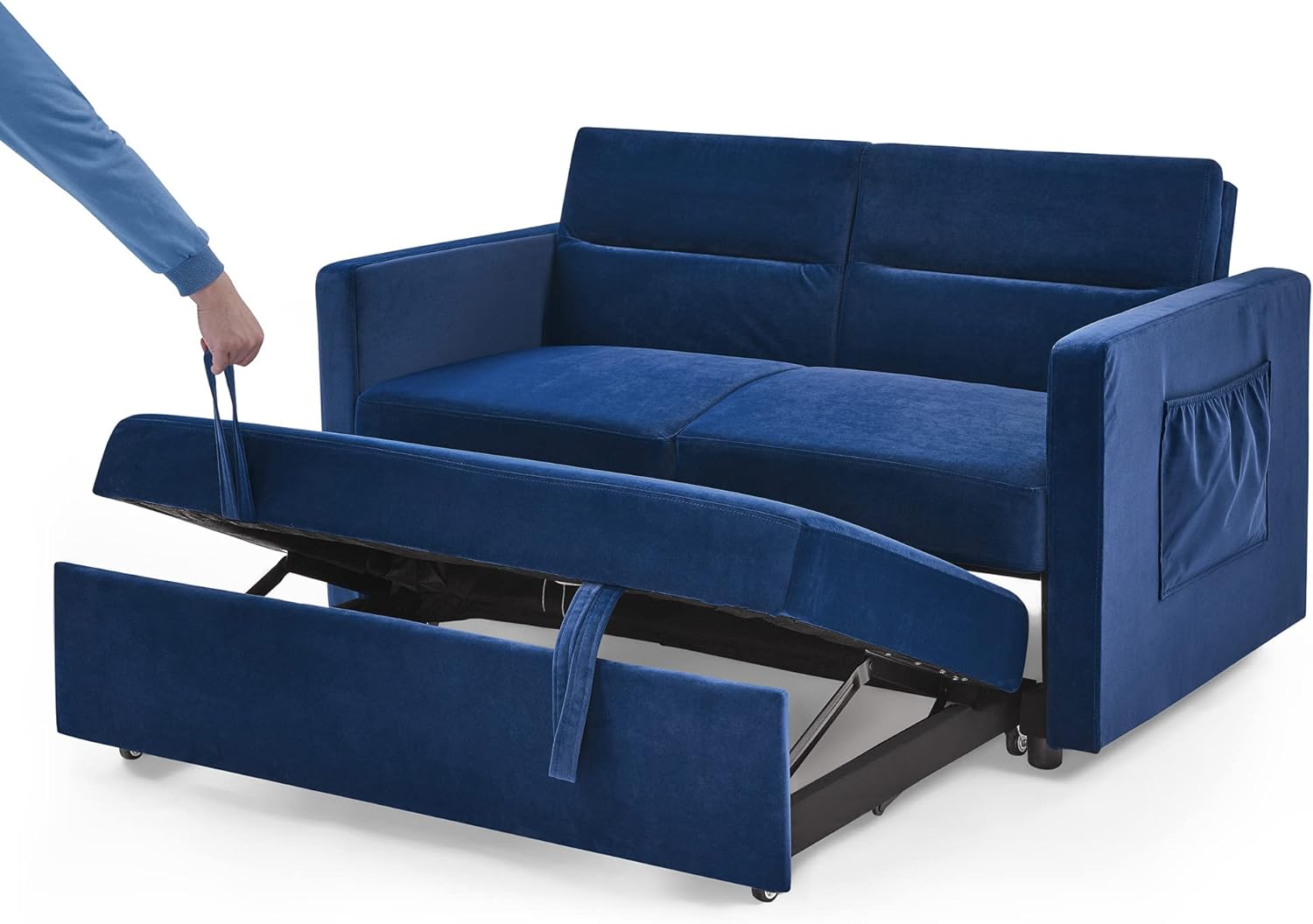 Merax 54.5'' Modern Convertible Sleeper Sofa Bed with Two Side Pockets, Velvet Sofa w/Pull-Out Bed Loveseat Sofa Couch and Adjsutable Back for Living Room (Beige)