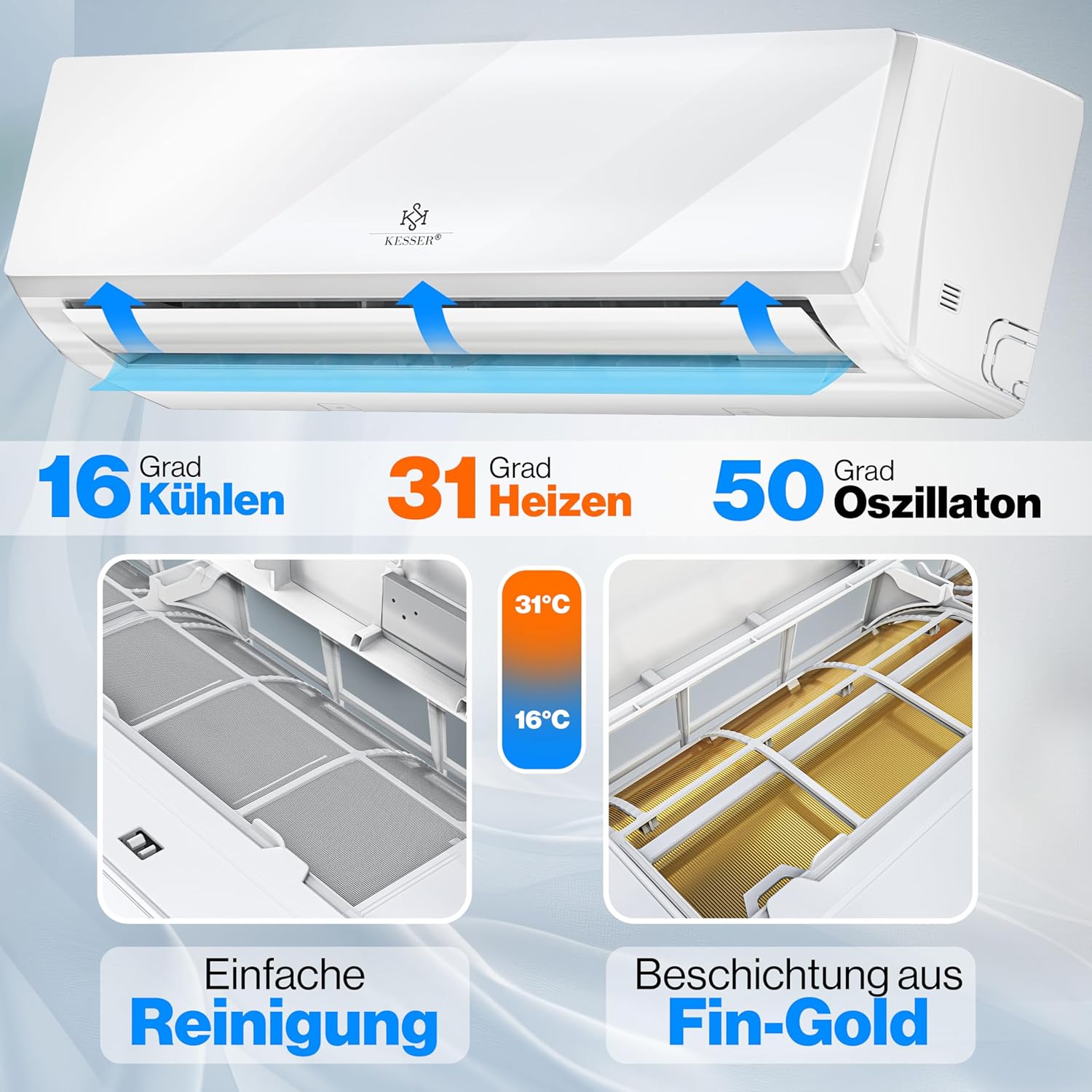 KESSER® Air Conditioner Set with Split System - with WiFi/App Function - Cooling A++/Heating A+ - 12000 BTU/h (3400 Watts), Refrigerant R32 - Remote Control, Timer Function - incl. Complete Mounting