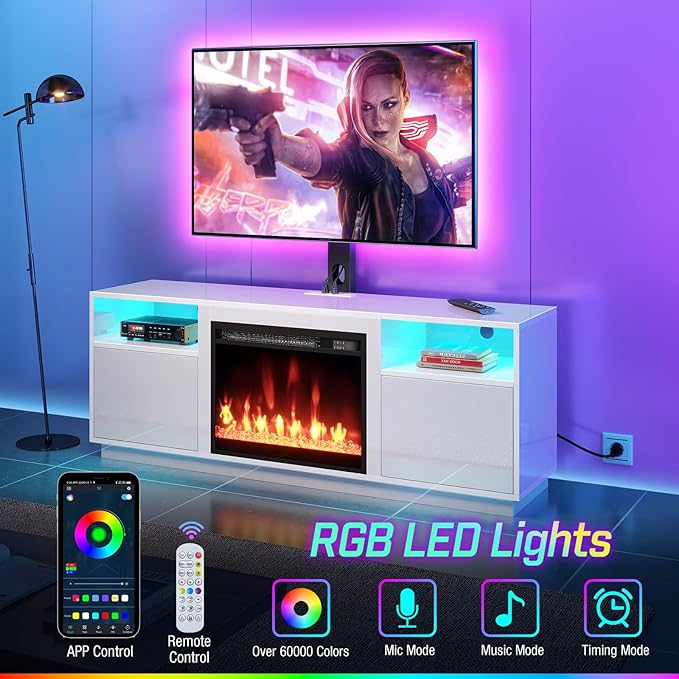 Rolanstar Fireplace TV Stand with Led Lights and Power Outlets, Entertainment Center with Electric Fireplace, Swivel TV Stand Mount for 45/55/60/65 inch TVs, Height Adjustable TV Console