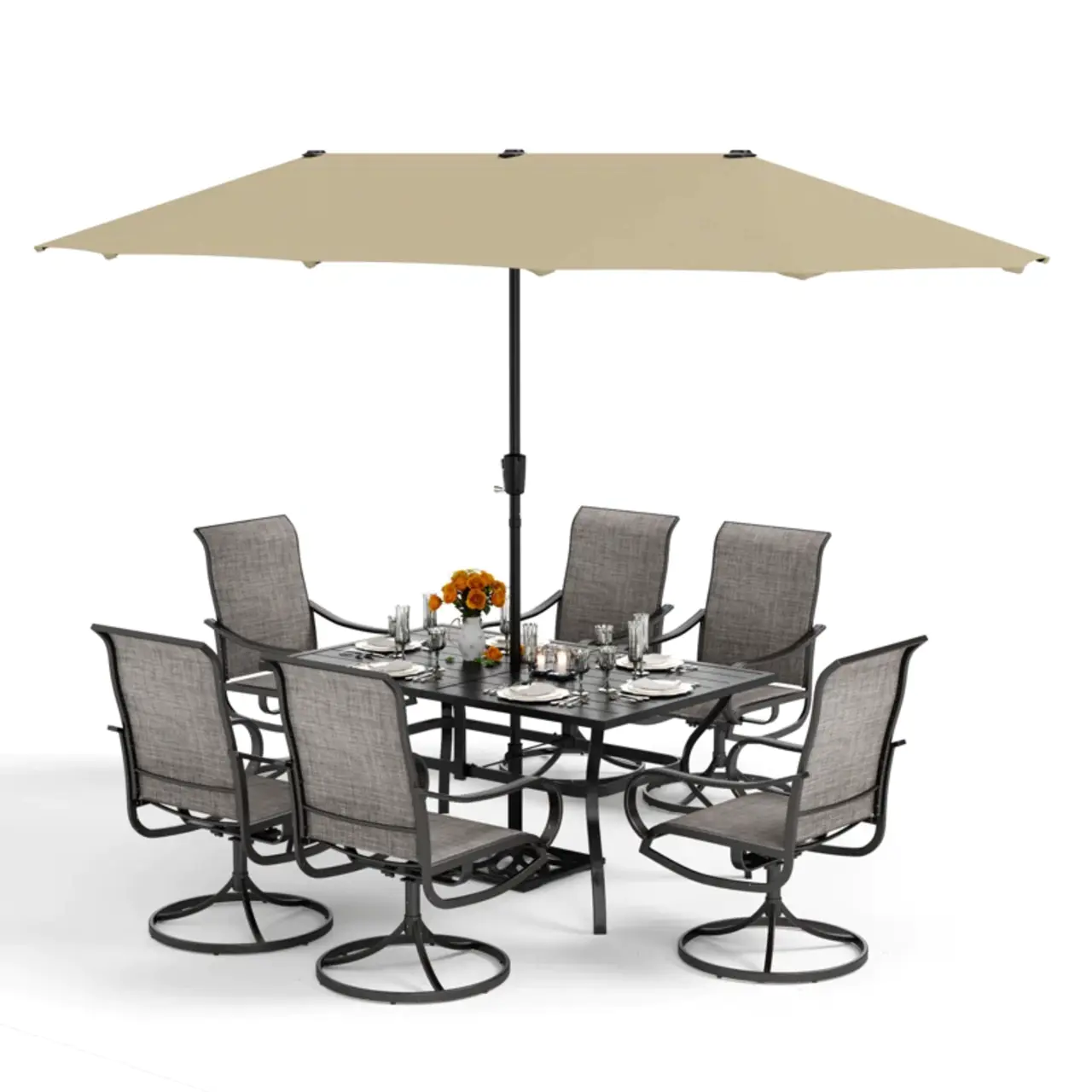 8 Pieces Patio Dining Set with Umbrella,Outdoor Furniture Set with 6 Sling Dining Swivel Chairs