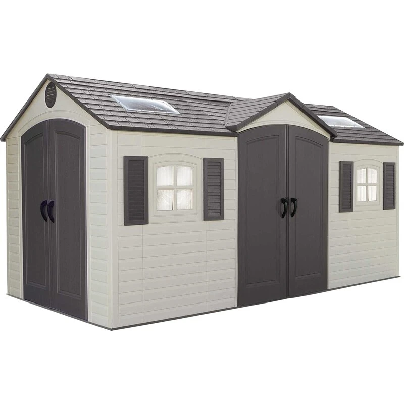 Double entry 15' wide x 8' deep plastic storage shed