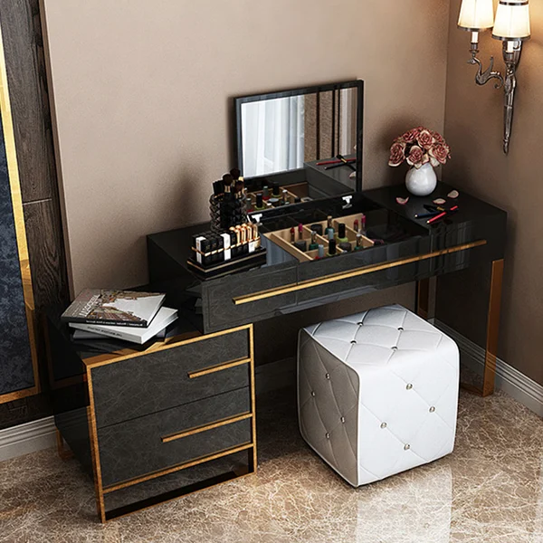 White Makeup Vanity with Storage & Flip Top Mirror 4 Drawers & Golden Base