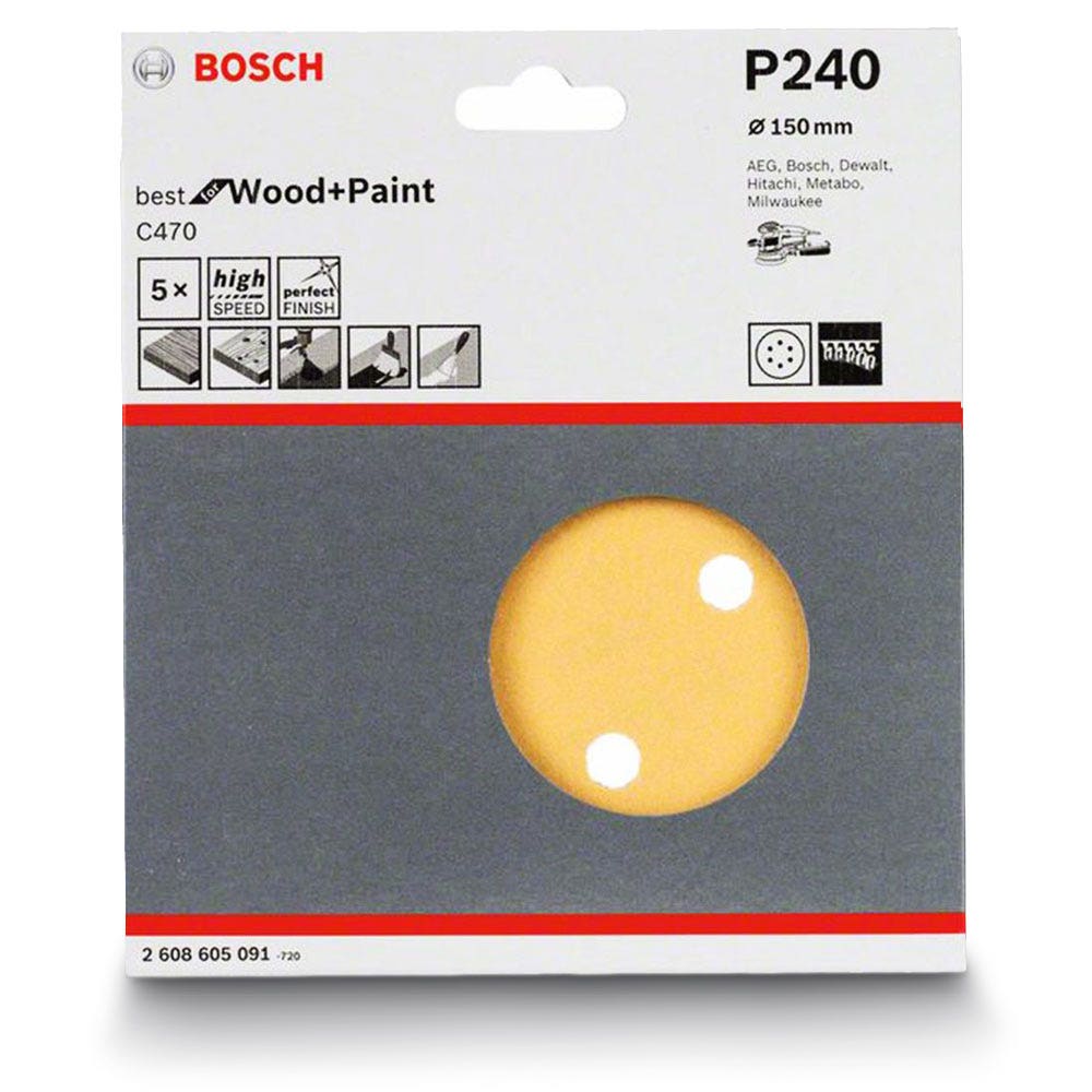 BOSCH 150mm 240-Grit 6-Hole Hook & Loop Sanding Disc for Wood & Paint - C470 - 5 Piece