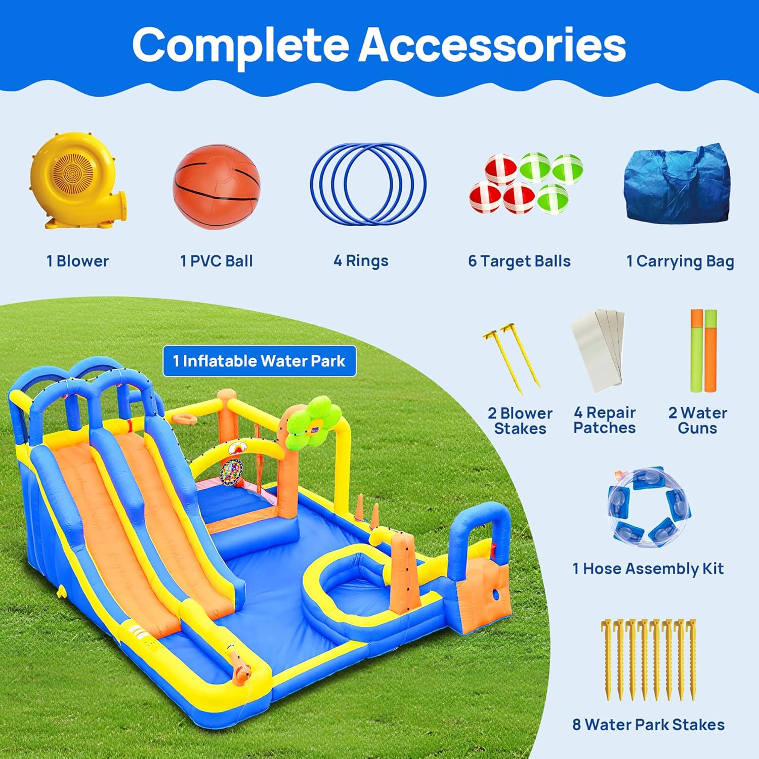 Inflatable Water 3 Slides Park with Blower, Inflatable Bounce House with Climbing Wall, Water Cannon, Dartboard, Flower Sprayer and Deep Pool