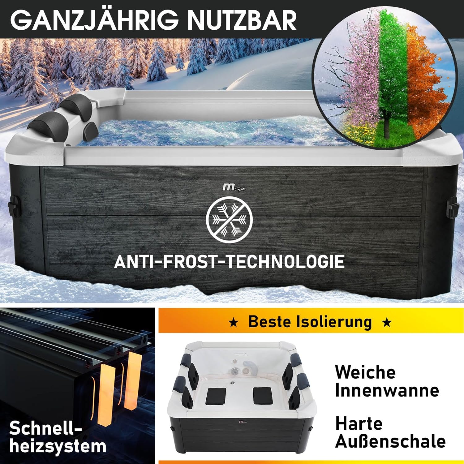 BRAST® Whirlpool MSpa Oslo Plus XXL with Fixed Outer Wall LED Lighting 20 Adjustable Colours for 6 People 180 x 180 x 65 cm