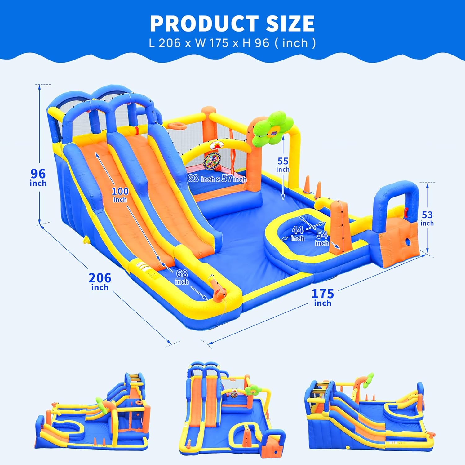 Inflatable Water 3 Slides Park with Blower, Inflatable Bounce House with Climbing Wall, Water Cannon, Dartboard, Flower Sprayer and Deep Pool