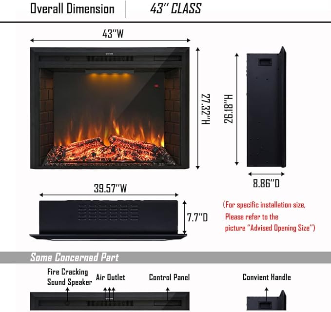 Masarflame 43'' Electric Fireplace Insert, Retro Recessed Fireplace Heater with Fire Cracking Sound, Remote Control & Timer, 750/1500W