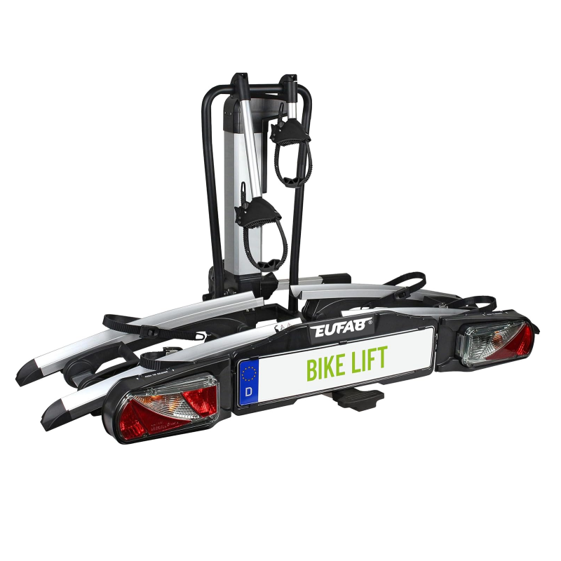 EUFAB 11554 Bicycle Carrier Bike Lift, Suitable for E-Bike, Fully Pre-Assembled, Electric Lower, Theft Protection, for 2 Bikes, for Towing Hitch, 2025 with Strap Frame Holders