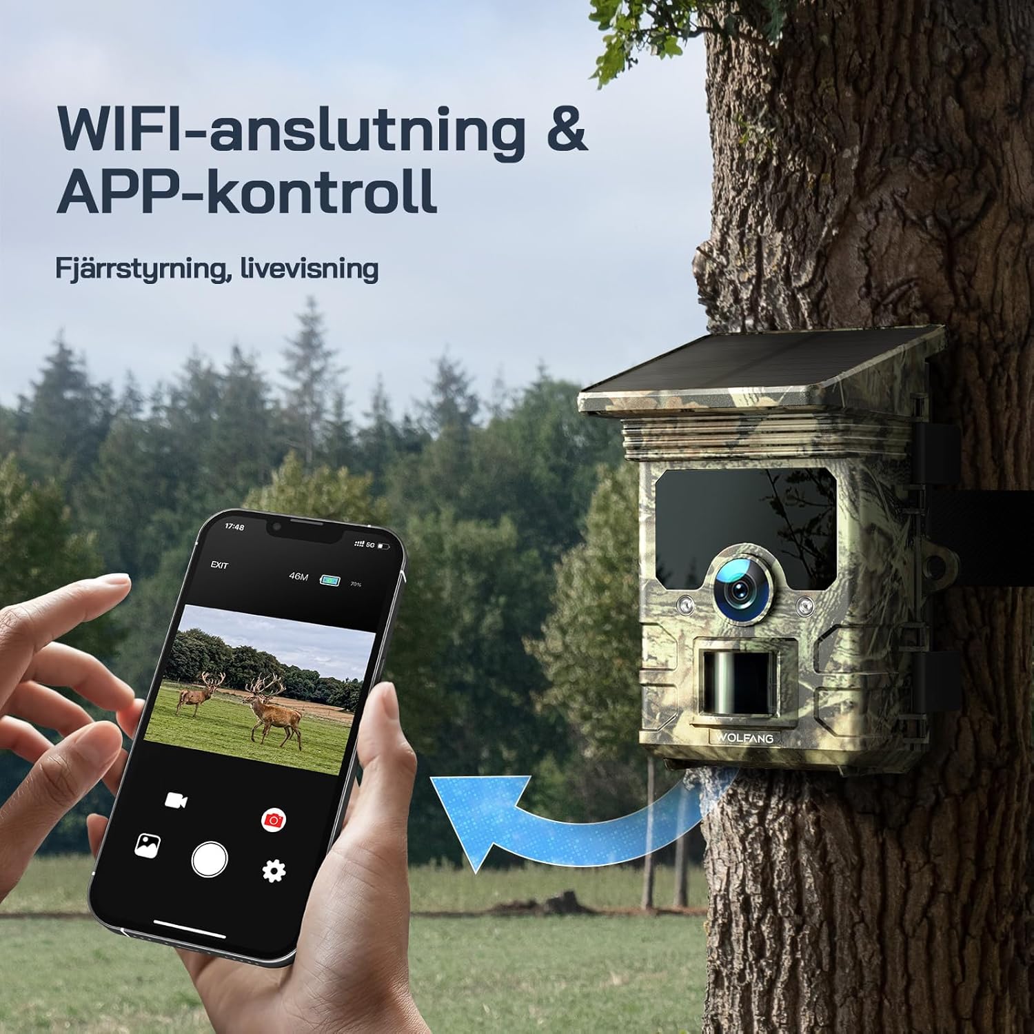 WOLFANG Wildlife Solar Camera 4K 30fps 46MP, WiFi Bluetooth Track Camera with Night Vision Motion Activated 0.1s Trigger Time IP66 Waterproof Gaming Camera for Wildlife Surveillance Micro