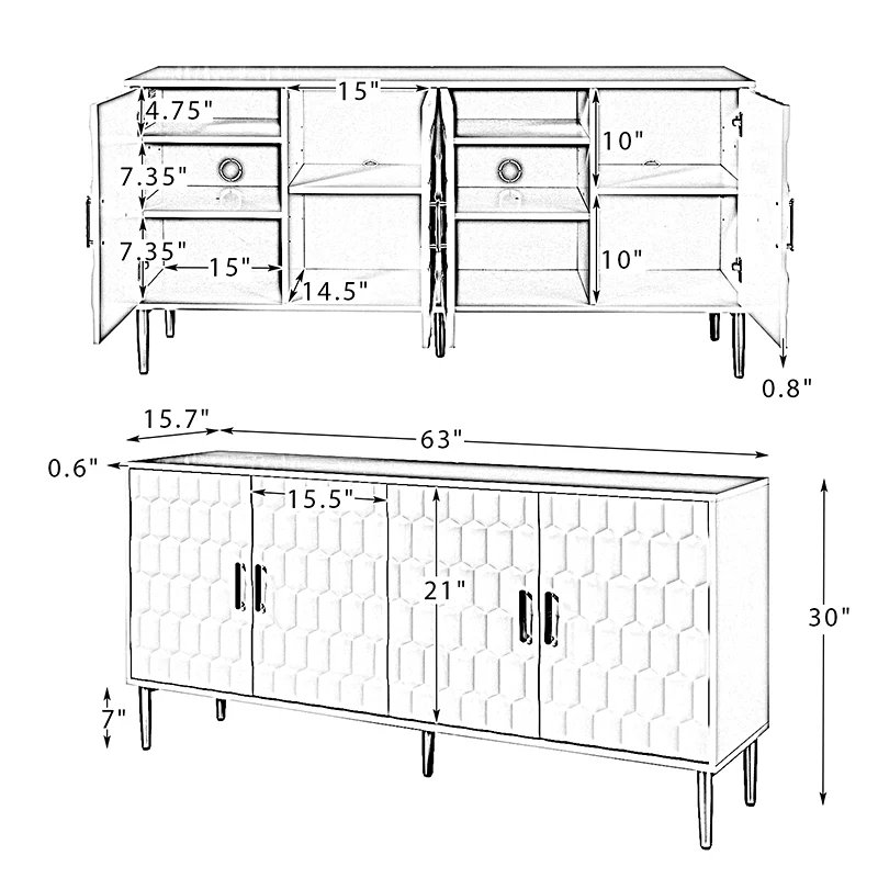 Modern Hexagonal Door Bruno 63 Wide Sideboard with Adjustable Shelves