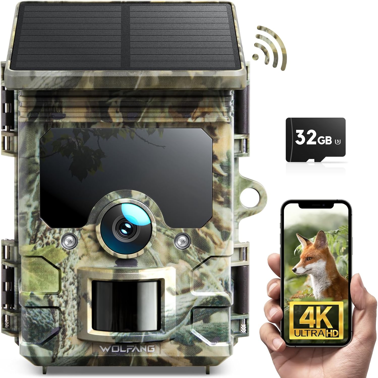 WOLFANG Wildlife Solar Camera 4K 30fps 46MP, WiFi Bluetooth Track Camera with Night Vision Motion Activated 0.1s Trigger Time IP66 Waterproof Gaming Camera for Wildlife Surveillance Micro