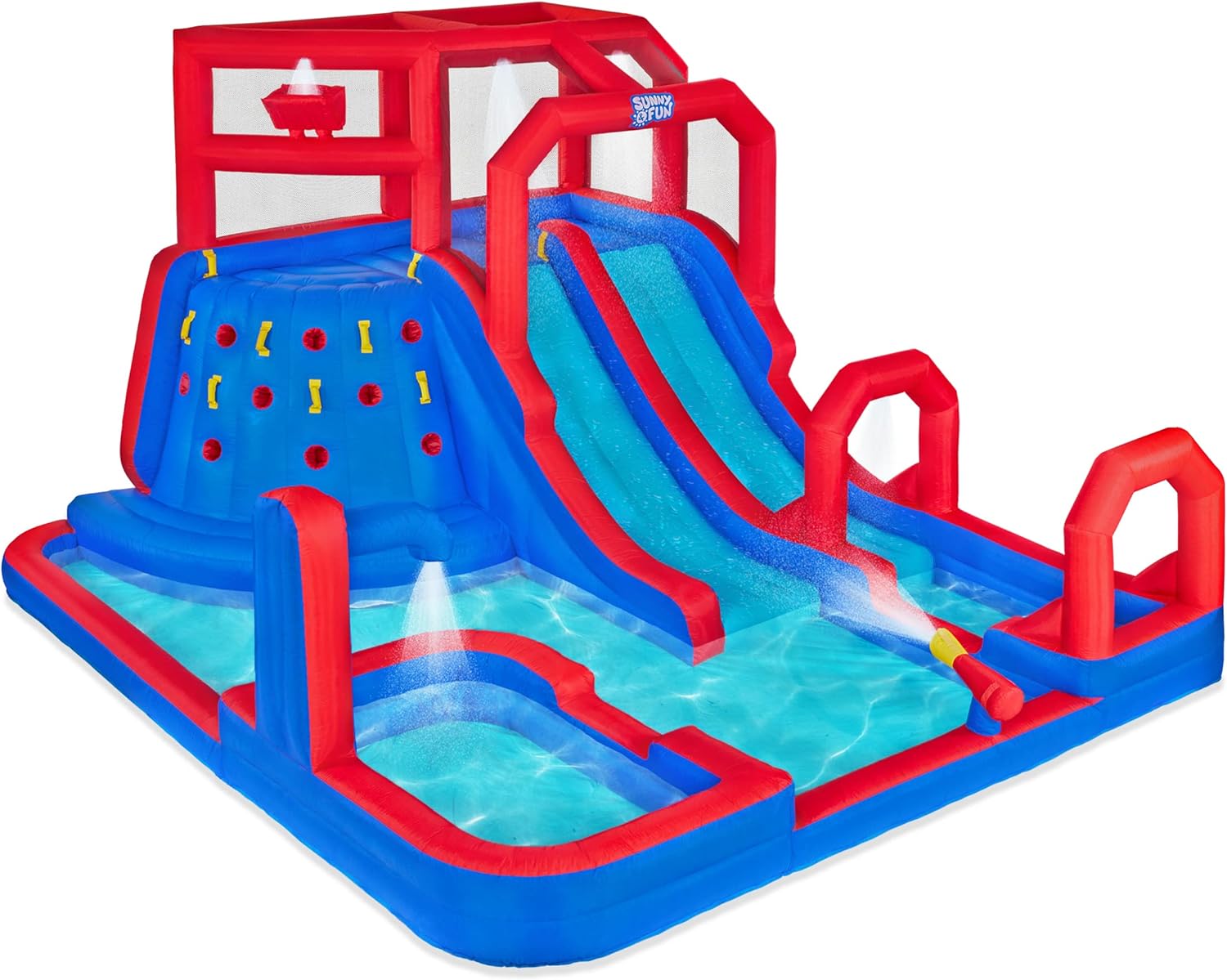 Sunny & Fun Mega Climb N’ Go Inflatable Water Slide Park – Heavy-Duty for Outdoor Fun - Climbing Wall, 2 Slides, Splash & Deep Pool – Easy to Set Up & Inflate with Included Air Pump & Carrying Case