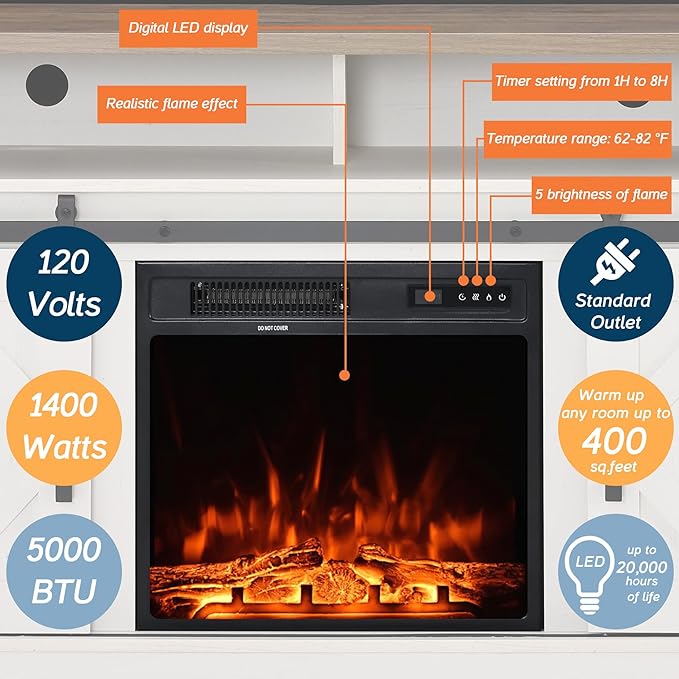Wampat Fireplace TV Stand for TVs Up to 65 Inch, Electric Fireplace TV Console,Wood Entertainment Center with Storage Cabinet,Sliding Barn Door,2 Heating Mode,5 Brightness