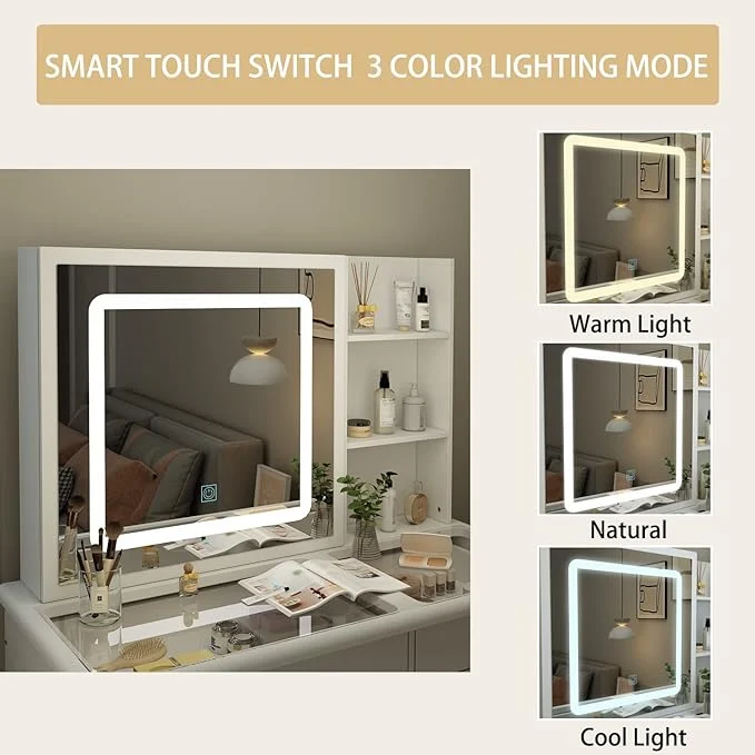 Vanity Stool Set With Sliding Lighted Mirror & Transparent glass panel