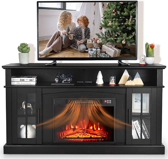 SIMOE Modern 48 Inch Electric Fireplace TV Stand, Fireplace TV Console for TVs up to 50 Inches with Two Open Shelves and Cabinets
