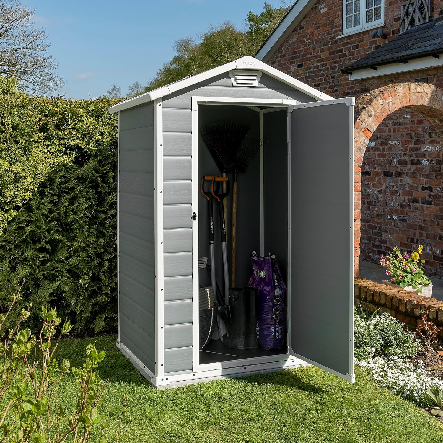 Keter Manor Outdoor Plastic Garden Storage Shed, Grey, 6 x 8 ft