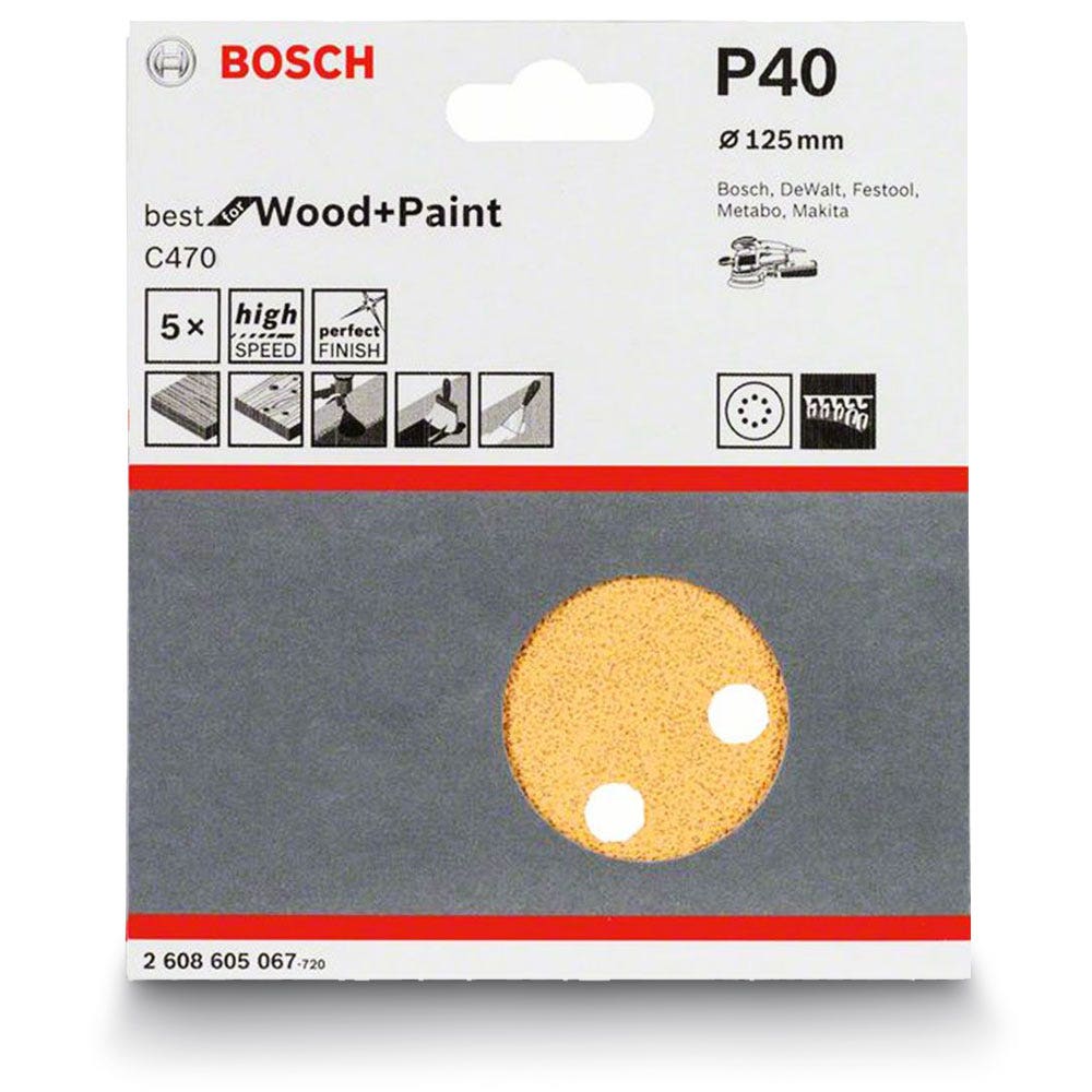 BOSCH 125mm 40-Grit 8-Hole Hook & Loop Sanding Disc for Wood & Paint - C470 - 5 Piece