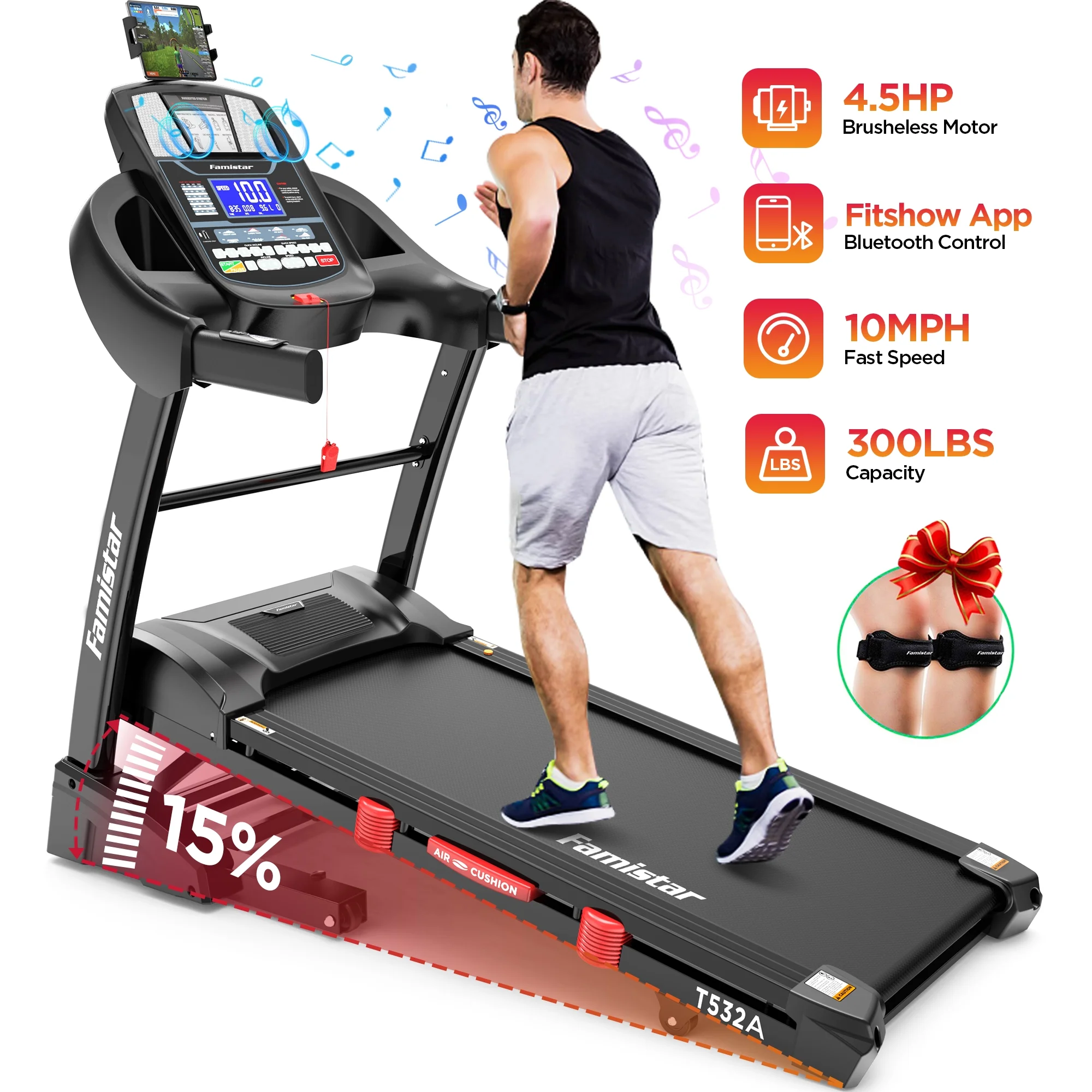 Famistar Clearance Folding Treadmill for Home with 15 Levels Auto Incline, 300LB Capcity, 10MPH Fast Speed Controls, Portable Treadmill Running Walking Machine, 4.5HP, Knee Strap Gift