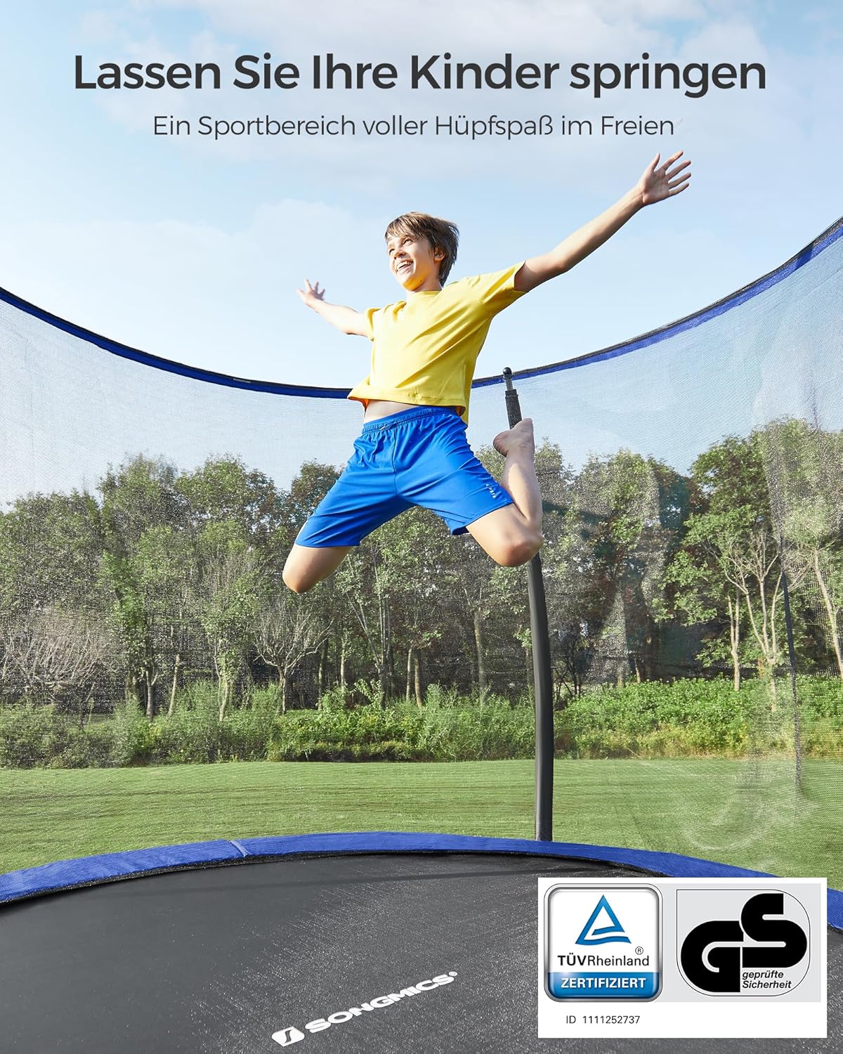 SONGMICS Trampolin Outdoor Ø 244 cm, rundes Gartentrampolin für Kinder mit Sicherheitsnetz, Randabdeckung, Leiter und gepolsterten Stangen