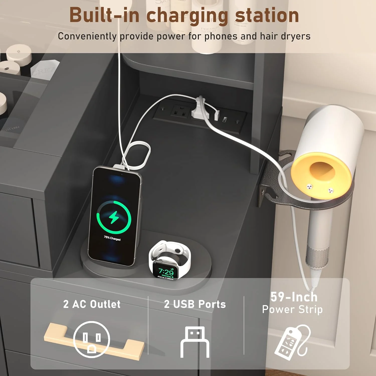 Black Vanity Desk with Mirror & LED Lights, Glass Top Vanity Desk with Charging Station & Compartment Storage Drawers, 43