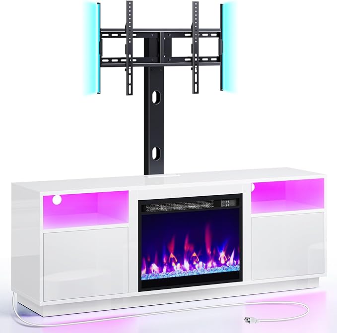 Rolanstar Fireplace TV Stand with Led Lights and Power Outlets, Entertainment Center with Electric Fireplace, Swivel TV Stand Mount for 45/55/60/65 inch TVs, Height Adjustable TV Console