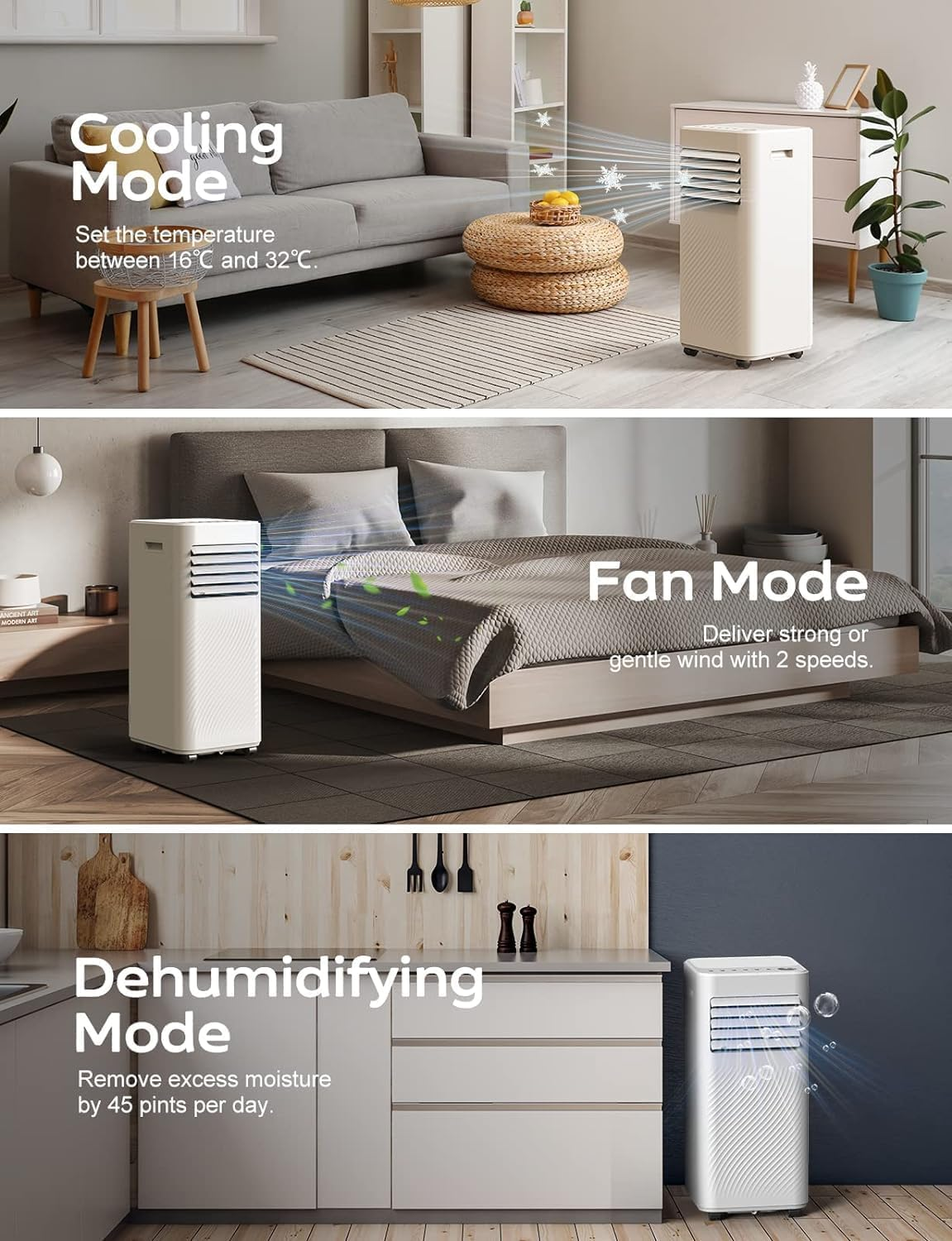 9000 BTU Air Conditioning Unit, 4-In-1 Portable Air Conditioner, Dehumidifier, Ventilation, Cooling Fan with 2 Fan Speeds,Digital Display, 24 Hour Timer & Window Venting Kit for Rooms Up to 300sq.ft