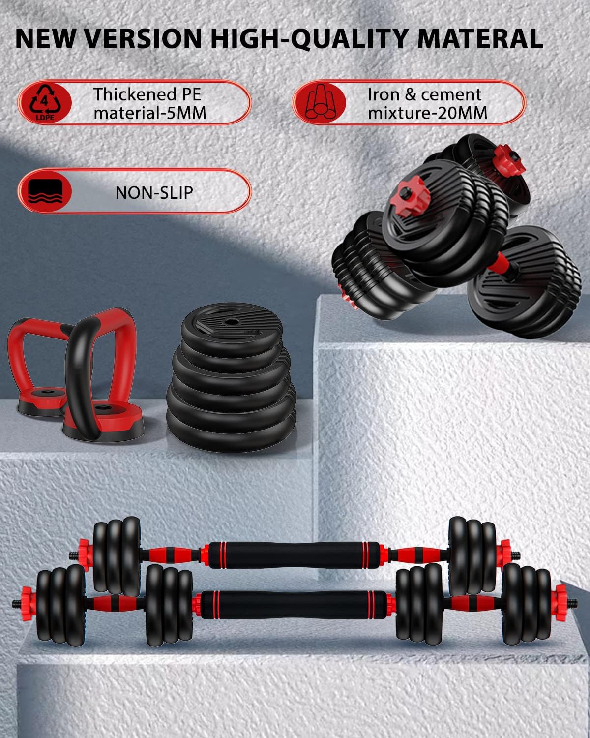Trakmaxi Adjustable Dumbbell Set 20LBS/35LBS/55LB/70LBS Free Weights Dumbbells, 4 in 1 Weight Set, Dumbbell, Barbell, Kettlebell, Push-up