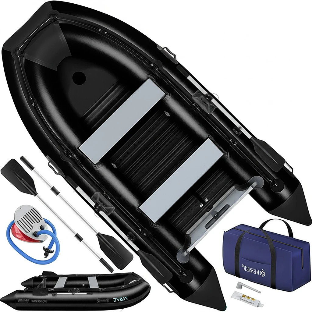 KESSER® Inflatable Boat 3.20 m for 4 People - Wave Motor Suitable Leisure Boat Paddle Boat Motor Boat Fishing Boat - with 2 Benches - Aluminium Base Paddle Pump Repair Kit & Bag Inflatable PVC