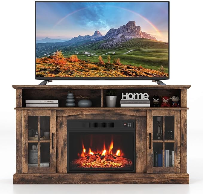 COSTWAY Electric Fireplace TV Stand for TVs Up to 65 Inches, 1400W Heater Insert with Remote Control, 6H Timer, 3-Level Flame, Overheat Protection and CSA Certification, Adjustable Shelves, Grey