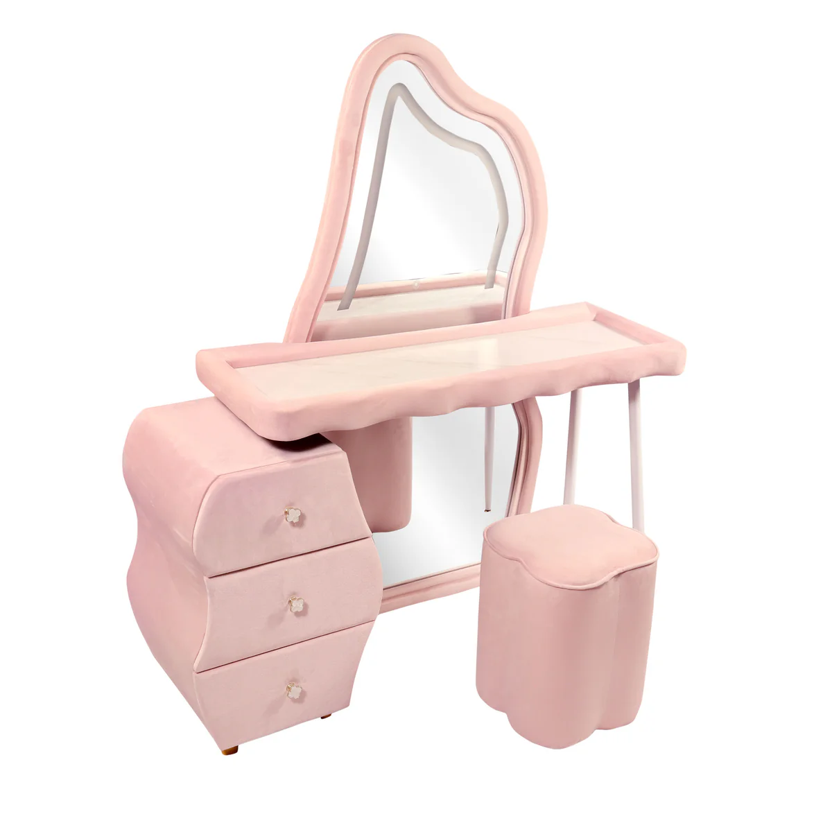 Flamingo Dressing Table with Lighted Mirror, Vanity Set with 3 Drawers and Cushioned Stool, Pink Modern Vanity Table Bedroom Furniture Dresser - Pink