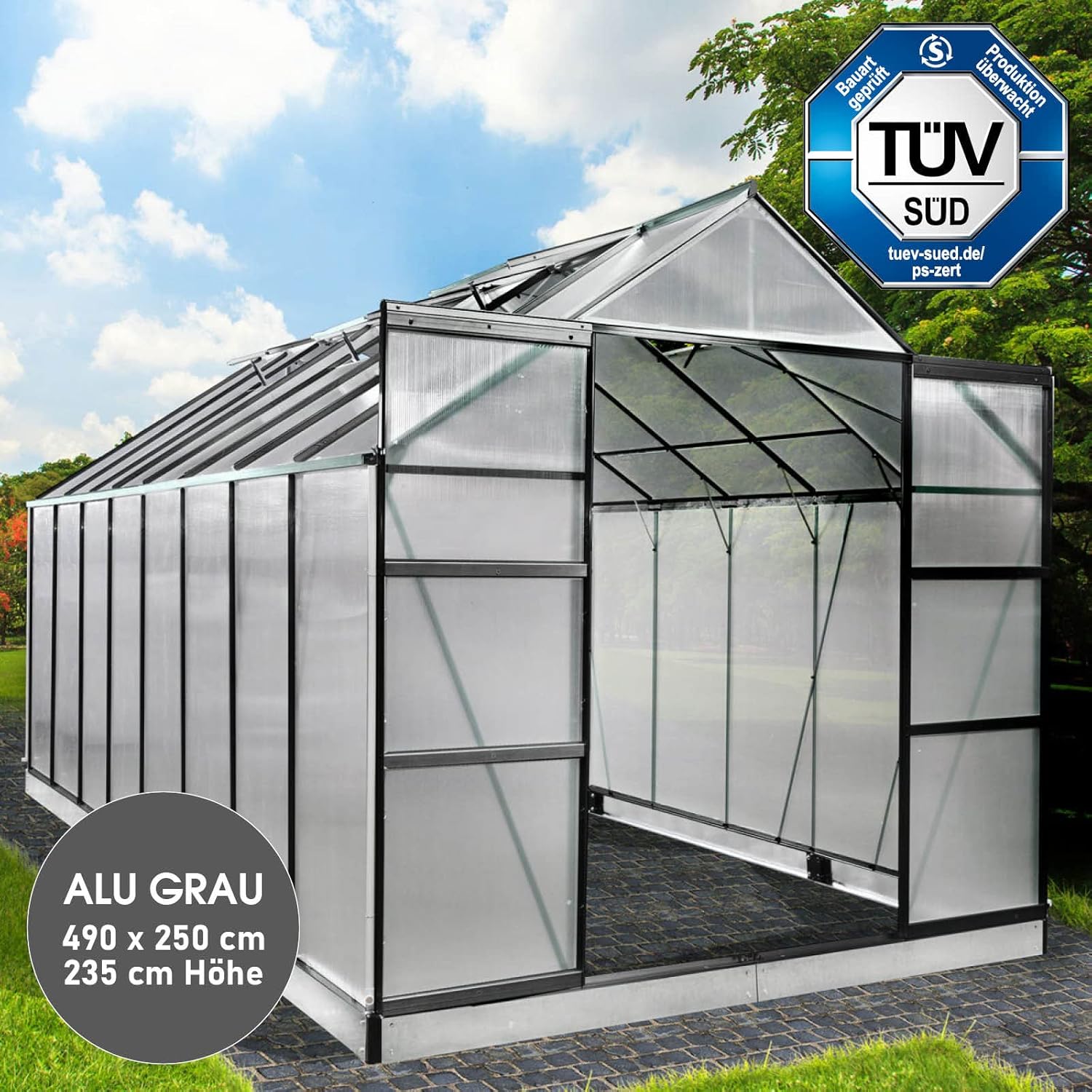 BRAST Aluminium Greenhouse with Base 490 x 250 x 235 cm, TÜV Tested, 6 mm Hollow Chamber Panels, Rustproof/Weatherproof/Temperature-Resistant