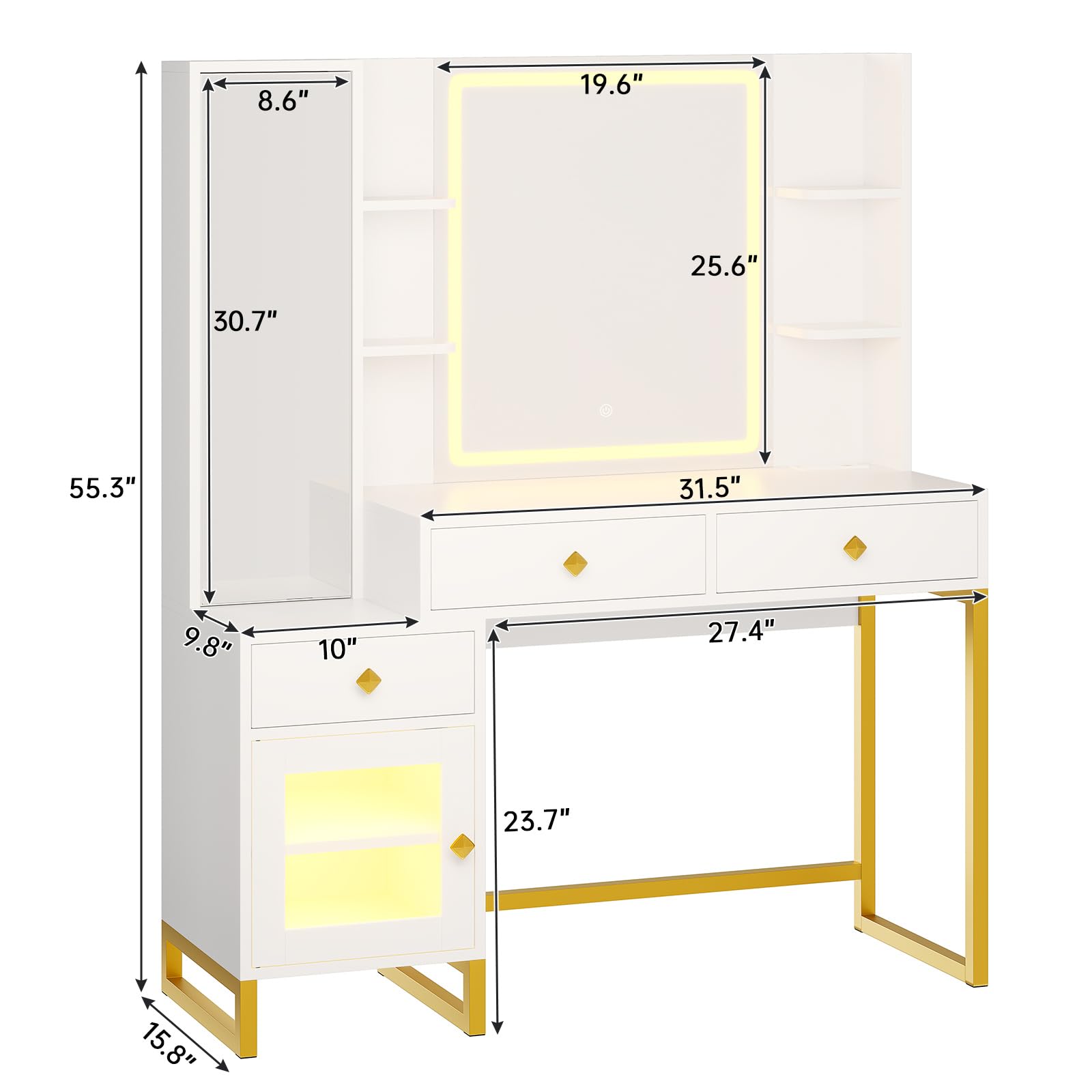 Afuhokles Vanity with Lighted Mirror and Charging Station, Makeup Table with Jewelry Armoire, Full Length Mirror, RGB Cabinet