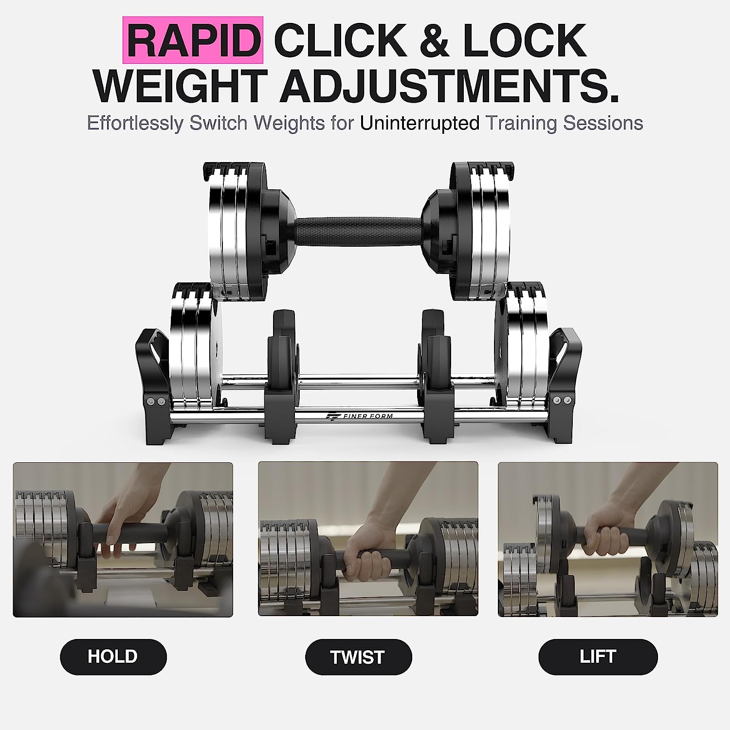 Finer Form Adjustable Dumbbells 5-32.5 LBs. Go Up Or Down in 2.5 LB Increments with These Adjustable Weights