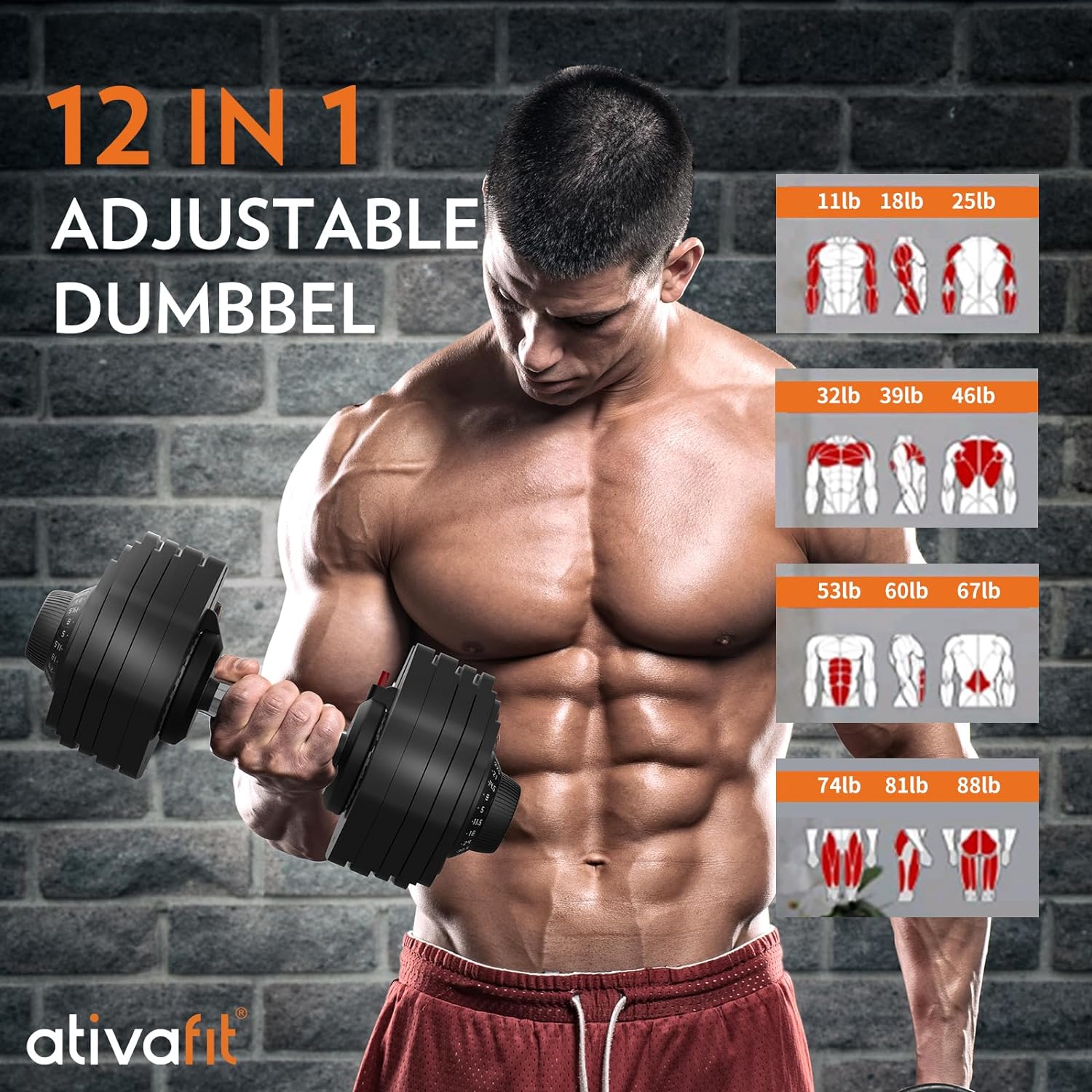 ATIVAFIT Adjustable Dumbbell Set 88 LBS Pair Dumbbell Free Weights Dumbbell Multiweight Options for Men Women Full Body Workout Fitness Home Gym