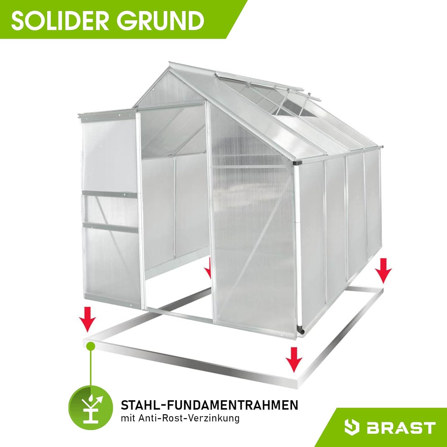 BRAST Aluminium Greenhouse with Base 190 x 190 x 195 cm, TÜV Tested, 6 mm Hollow Chamber Panels, Rustproof/Weatherproof/Temperature-Resistant