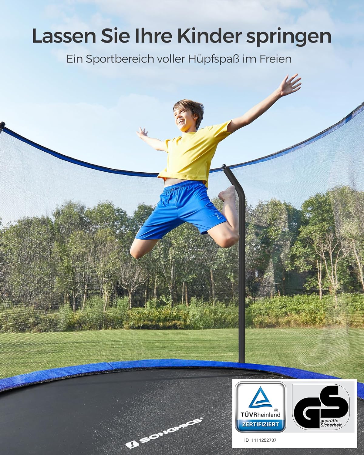 SONGMICS Trampolin Outdoor Ø 244 cm, rundes Gartentrampolin mit Sicherheitsnetz und Leiter, Randabdeckung, gepolstertes Gestell, für Kinder