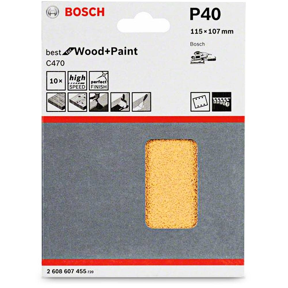 BOSCH 115 x 107mm 40-Grit 6-Hole Hook & Loop Sanding Sheet for Wood & Paint - 10 Piece