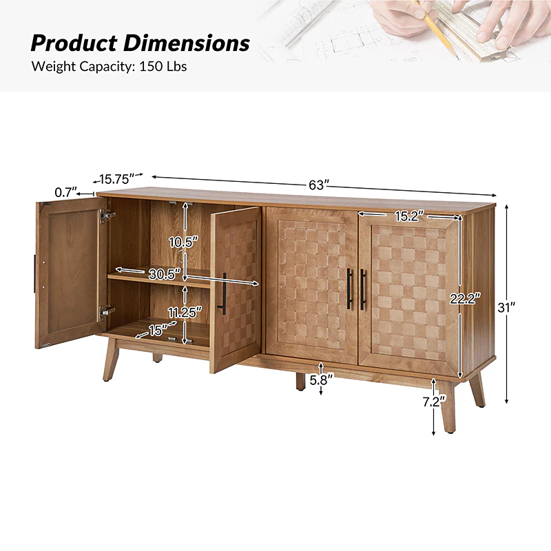 Horace 63 Wide Sideboard with Maple Veneer Woven Cabinet Doors