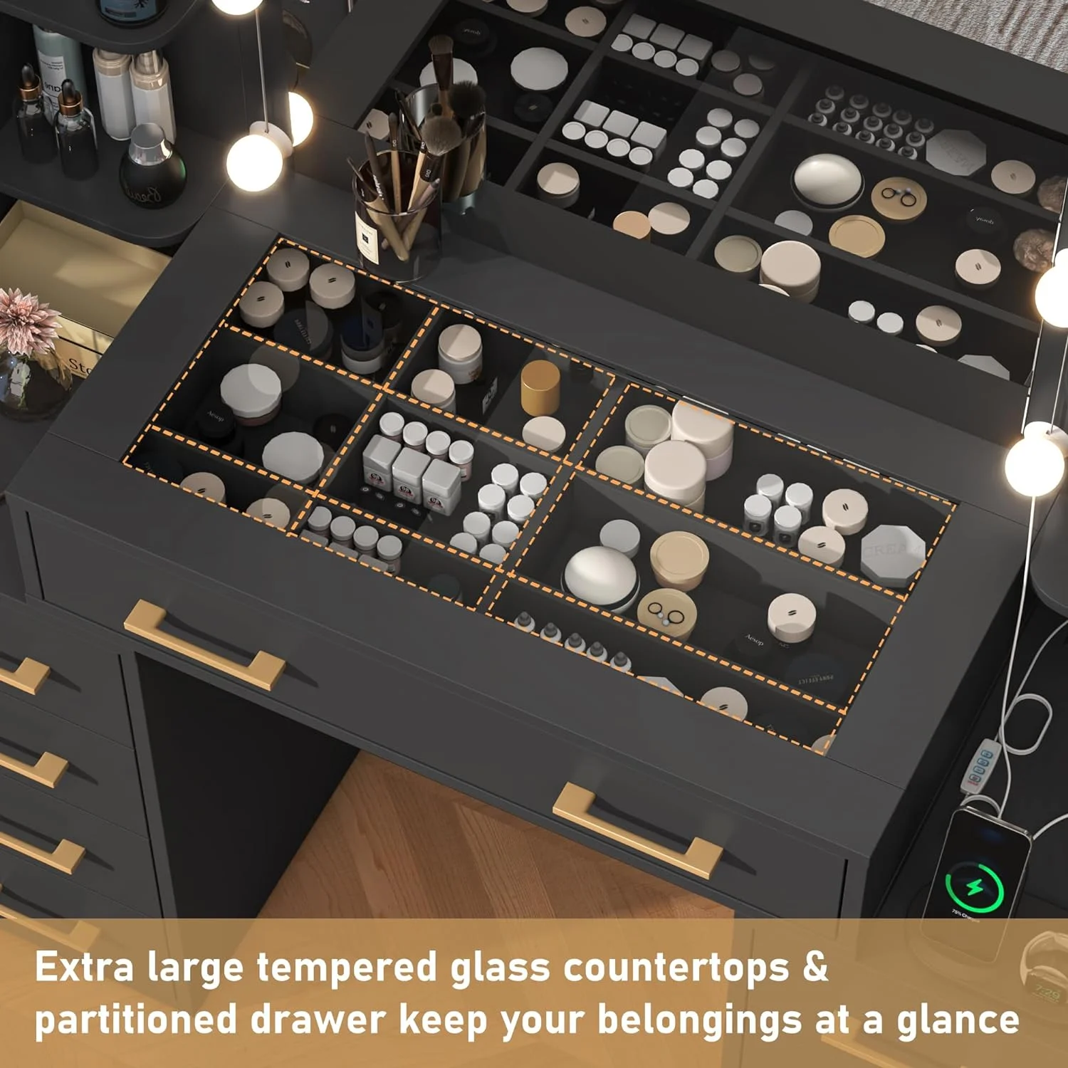 Black Vanity Desk with Mirror & LED Lights, Glass Top Vanity Desk with Charging Station & Compartment Storage Drawers, 43